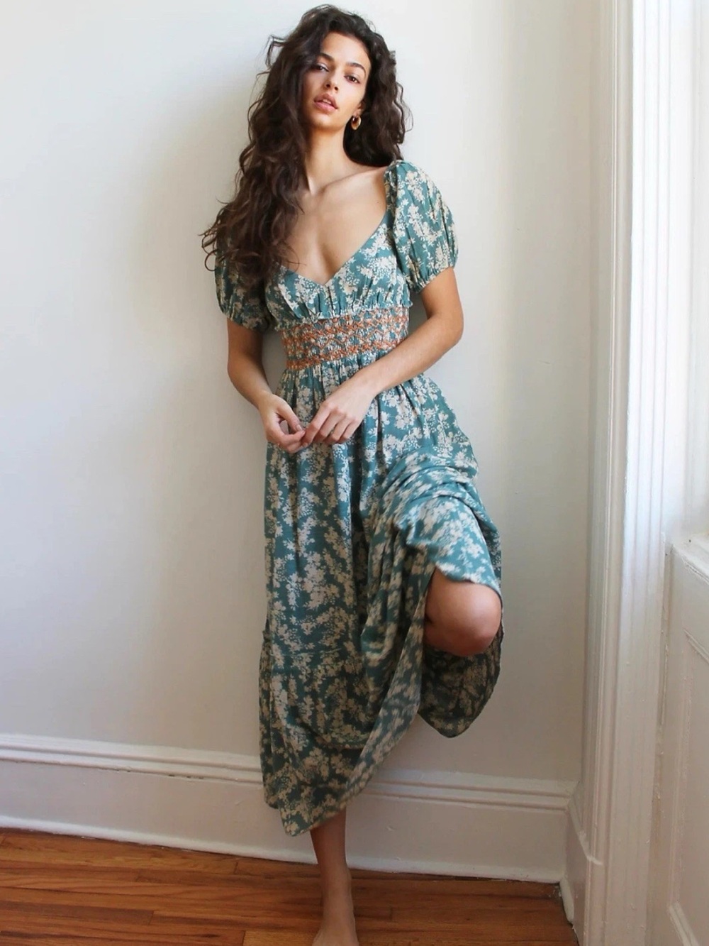 Free People Ellie Floral Print Gauze Midi Dress Soft Seafoam Sundress Cotton